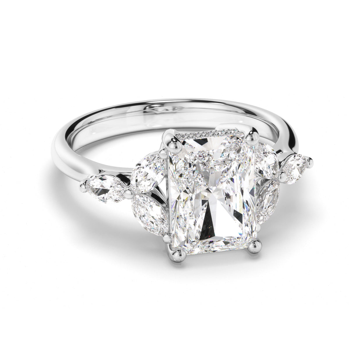 Radiant Cut Diamond Engagement Ring with Cluster Shoulders