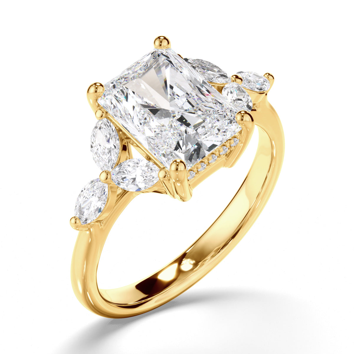 Radiant Cut Diamond Engagement Ring with Cluster Shoulders